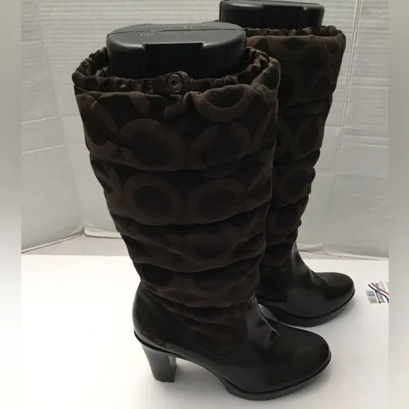 COACH Chic Brown Mid-Calf Heeled Boots with Textured Pattern