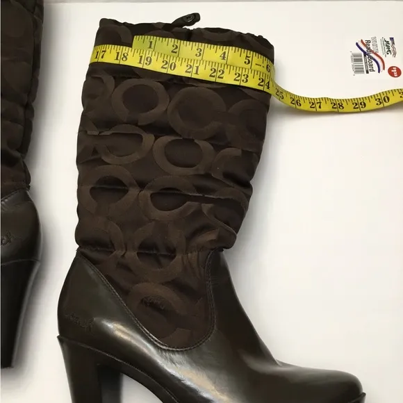 COACH Chic Brown Mid-Calf Heeled Boots with Textured Pattern