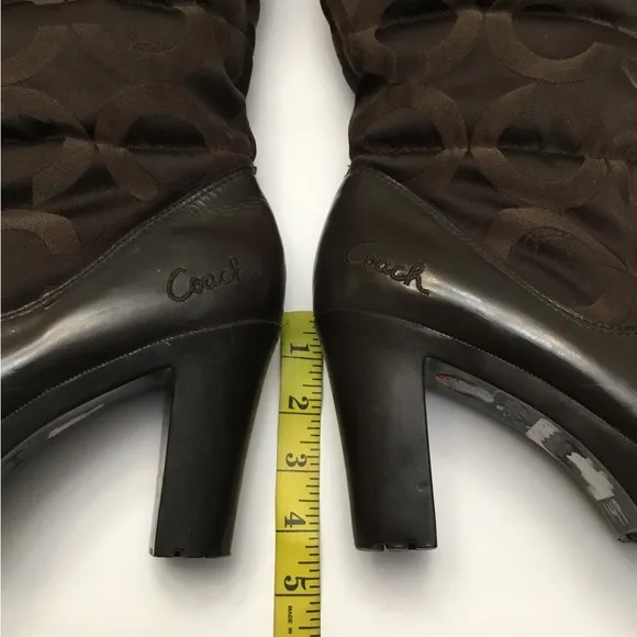 COACH Chic Brown Mid-Calf Heeled Boots with Textured Pattern