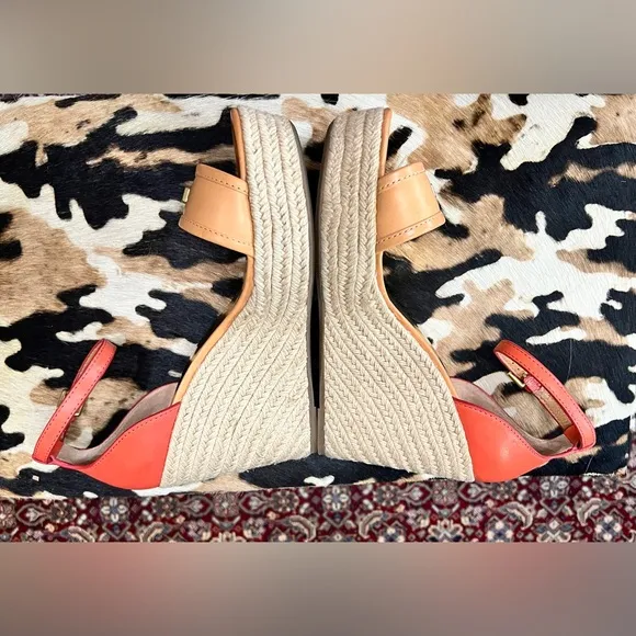 Coach “Glinda” Orange and Tan Leather Wedge Espadrille Sandals
