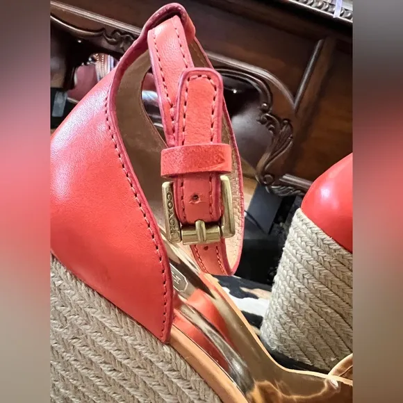 Coach “Glinda” Orange and Tan Leather Wedge Espadrille Sandals