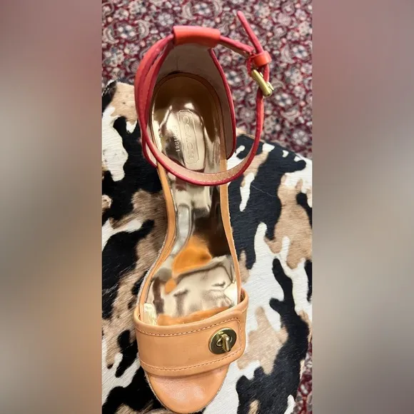 Coach “Glinda” Orange and Tan Leather Wedge Espadrille Sandals