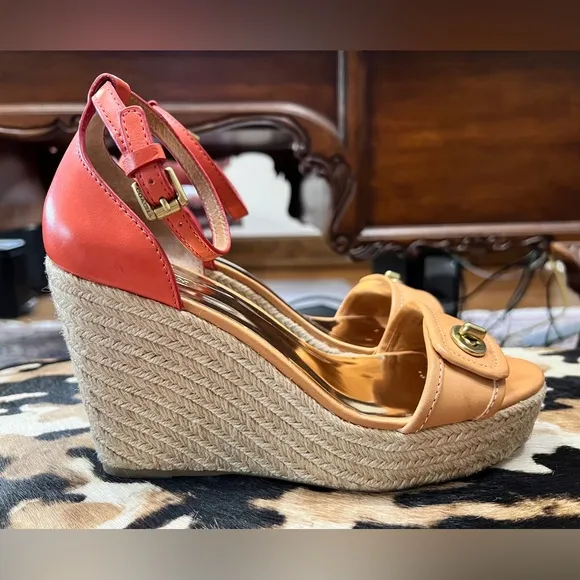 Coach “Glinda” Orange and Tan Leather Wedge Espadrille Sandals