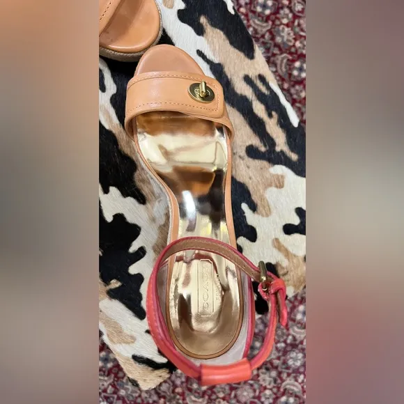 Coach “Glinda” Orange and Tan Leather Wedge Espadrille Sandals