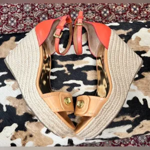 Coach “Glinda” Orange and Tan Leather Wedge Espadrille Sandals