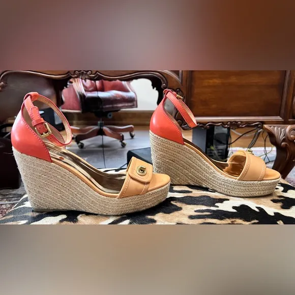 Coach “Glinda” Orange and Tan Leather Wedge Espadrille Sandals