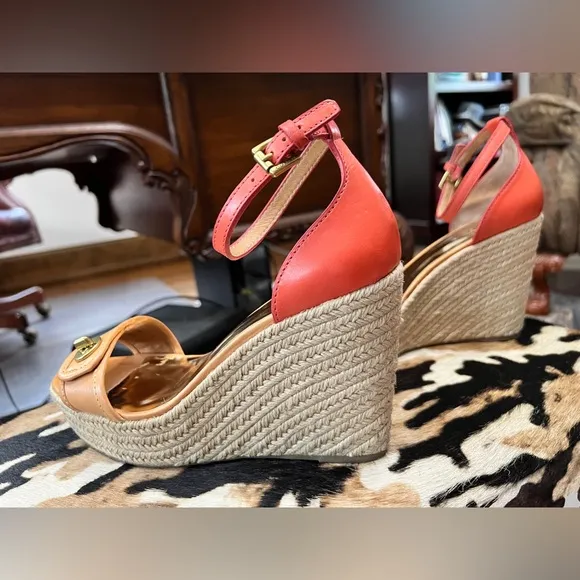 Coach “Glinda” Orange and Tan Leather Wedge Espadrille Sandals