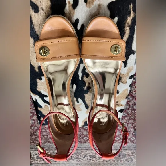 Coach “Glinda” Orange and Tan Leather Wedge Espadrille Sandals