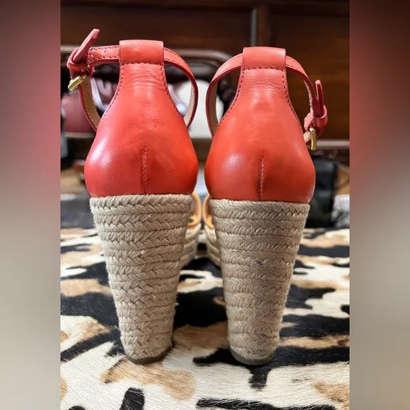 Coach “Glinda” Orange and Tan Leather Wedge Espadrille Sandals