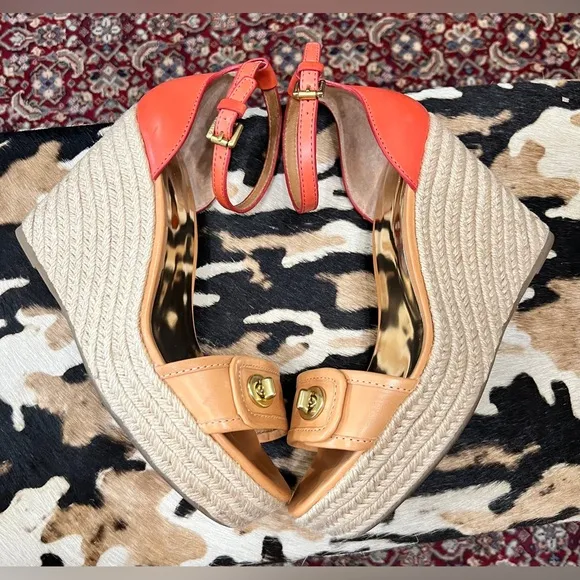 Coach “Glinda” Orange and Tan Leather Wedge Espadrille Sandals