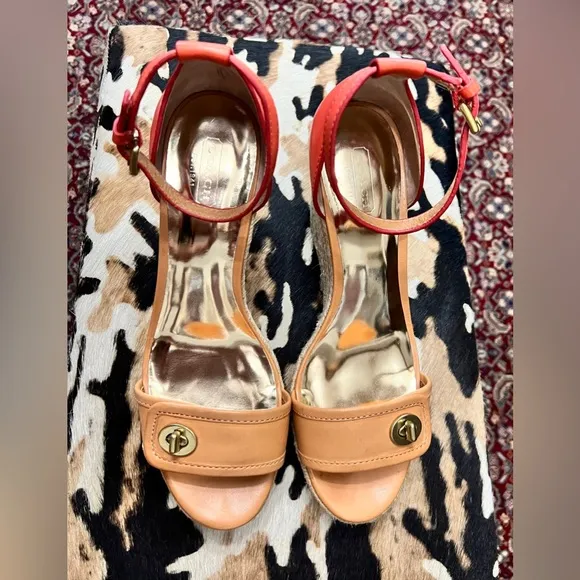 Coach “Glinda” Orange and Tan Leather Wedge Espadrille Sandals