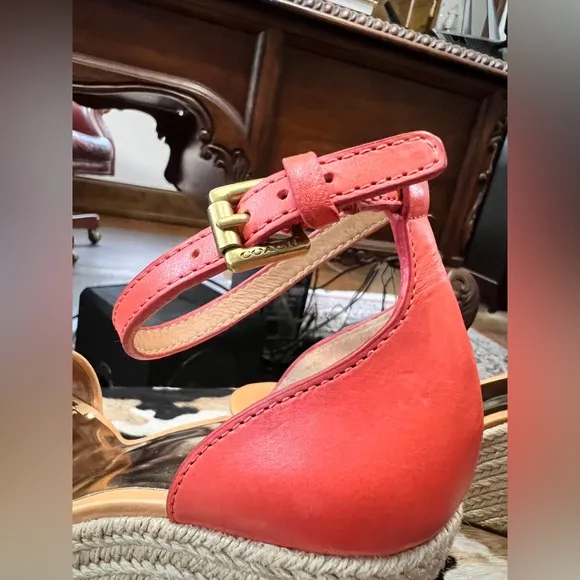 Coach “Glinda” Orange and Tan Leather Wedge Espadrille Sandals
