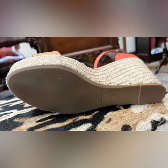 Coach “Glinda” Orange and Tan Leather Wedge Espadrille Sandals