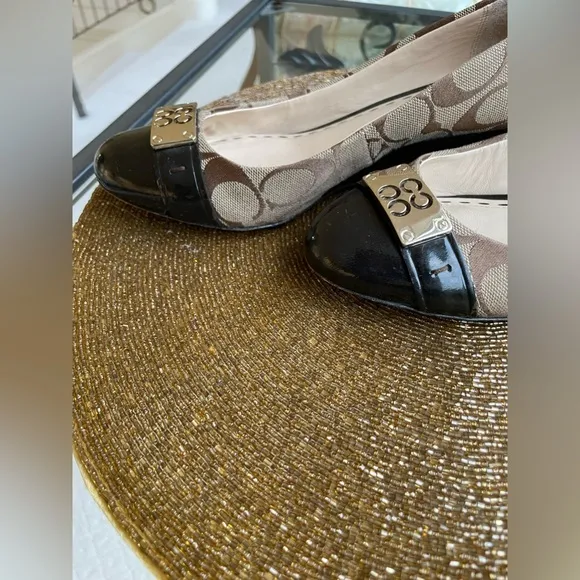 Coach Khaki Sig CC Pattern CloseToe Wedge Dress Shoes w/Gold CCHardware