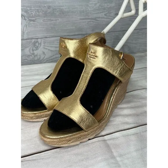 Coach Leeanne Womens Gold Metallic Tumbled Platform Wedge Sandals size 9.5