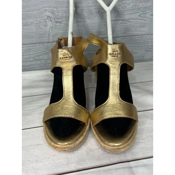 Coach Leeanne Womens Gold Metallic Tumbled Platform Wedge Sandals size 9.5
