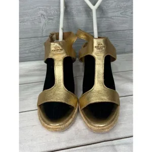 Coach Leeanne Womens Gold Metallic Tumbled Platform Wedge Sandals size 9.5