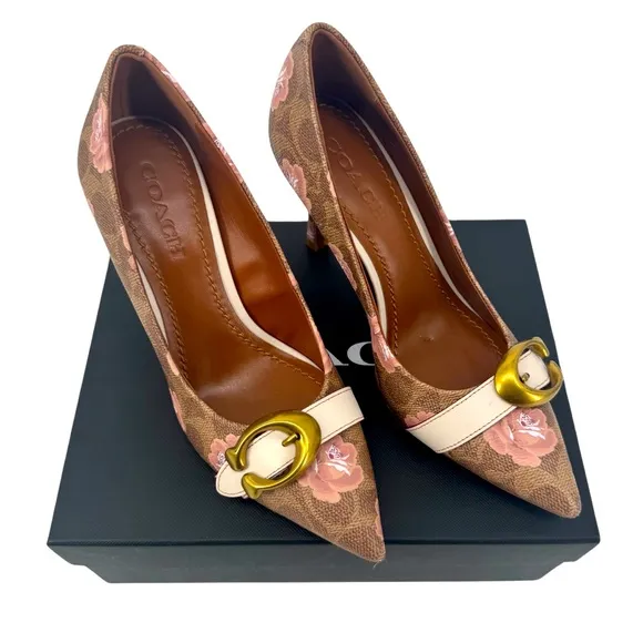 COACH Rare Waverly Signature Buckle Pumps Women's Floral Brown Heels