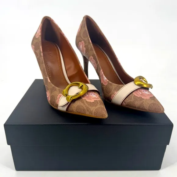 COACH Rare Waverly Signature Buckle Pumps Women's Floral Brown Heels