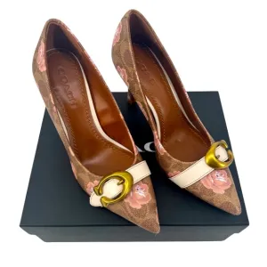 COACH Rare Waverly Signature Buckle Pumps Women's Floral Brown Heels