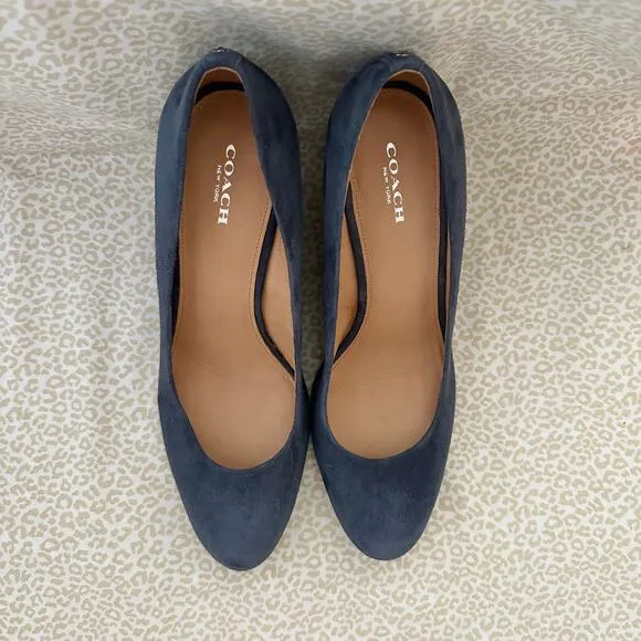 Coach Rileigh Suede Wedges Heels Leather Midnight Navy Blue Size 9B