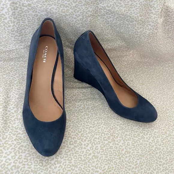 Coach Rileigh Suede Wedges Heels Leather Midnight Navy Blue Size 9B