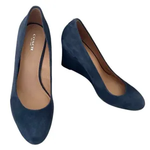 Coach Rileigh Suede Wedges Heels Leather Midnight Navy Blue Size 9B