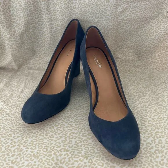 Coach Rileigh Suede Wedges Heels Leather Midnight Navy Blue Size 9B