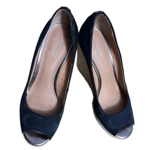 COACH~Black Signature Logo High Wedge Peep Toe Shoes, Size 7 B, EUC!