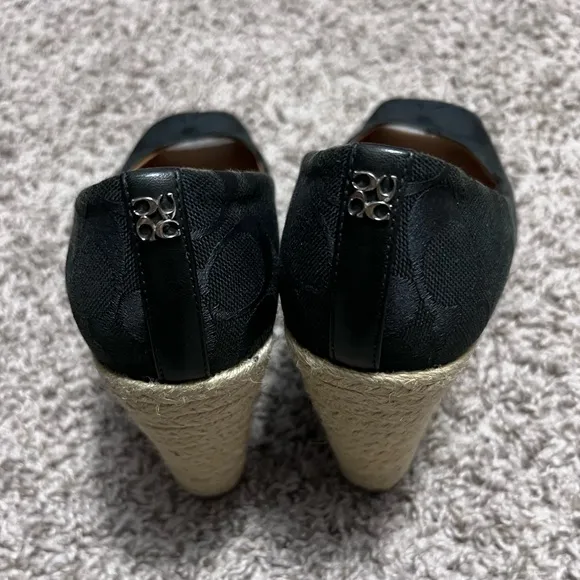 COACH~Black Signature Logo High Wedge Peep Toe Shoes, Size 7 B, EUC!