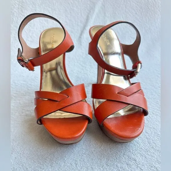 Coach Dani platform heels sandals size 10 B‎ Papaya / orange gold