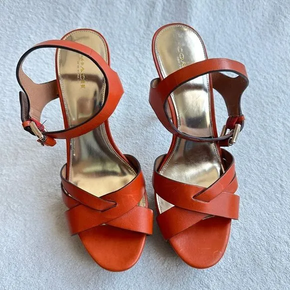 Coach Dani platform heels sandals size 10 B‎ Papaya / orange gold