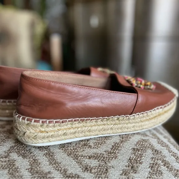Cognac brown leather dressy loafers comfortable leather flats espadrille style