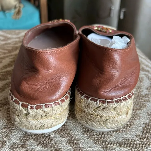 Cognac brown leather dressy loafers comfortable leather flats espadrille style
