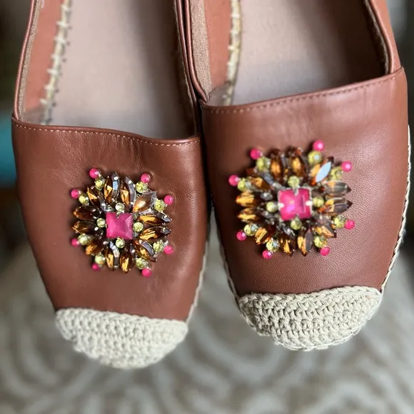 Cognac brown leather dressy loafers comfortable leather flats espadrille style