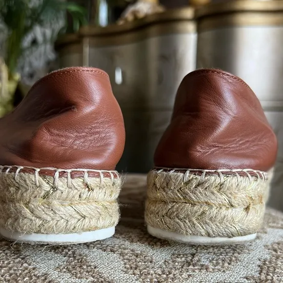 Cognac brown leather dressy loafers comfortable leather flats espadrille style