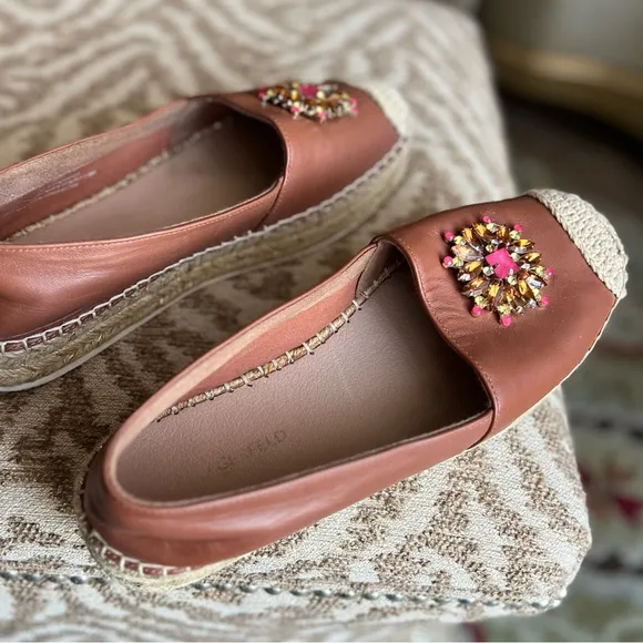 Cognac brown leather dressy loafers comfortable leather flats espadrille style