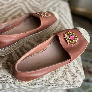 Cognac brown leather dressy loafers comfortable leather flats espadrille style