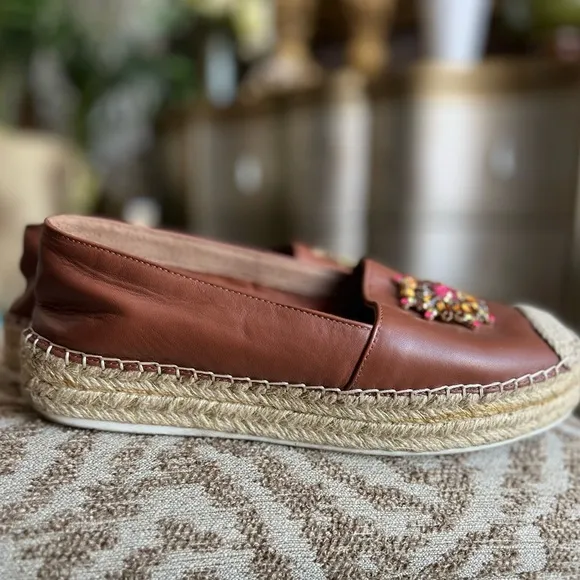 Cognac brown leather dressy loafers comfortable leather flats espadrille style