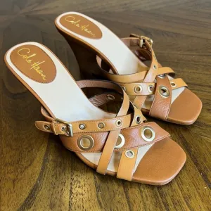 Cole Haan Air Whitney TAN Leather Slide Wedge Sandals Shoes Sz 7.5 B NEW