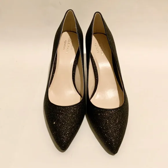 Cole Haan Juliana Pump 75 Black Glitter Leather Evening Dress Shoes Heels 7 M