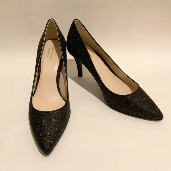 Cole Haan Juliana Pump 75 Black Glitter Leather Evening Dress Shoes Heels 7 M
