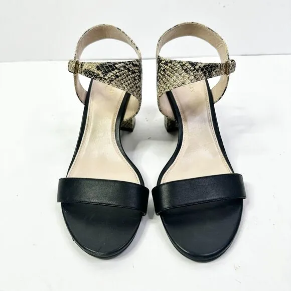 Cole Haan Sandals Women 8.5 Black Snake Grand OS Block Heel Leather Shoes NEW