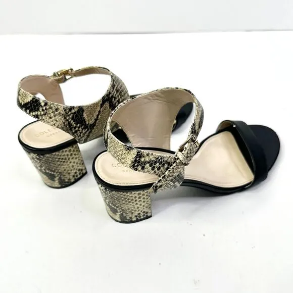 Cole Haan Sandals Women 8.5 Black Snake Grand OS Block Heel Leather Shoes NEW