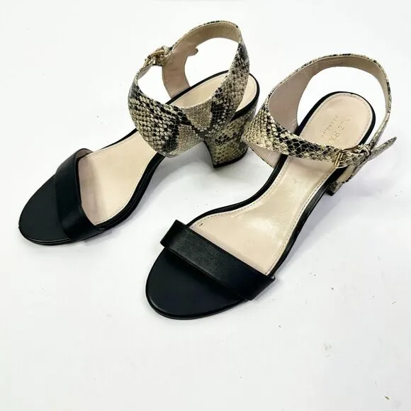 Cole Haan Sandals Women 8.5 Black Snake Grand OS Block Heel Leather Shoes NEW