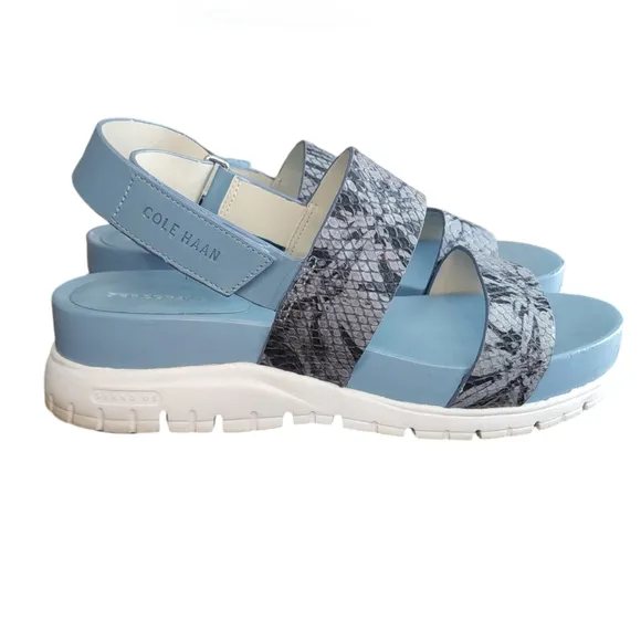 COLE HAAN Zerogrand SNAKEPRINT Platform SANDALS Blue/White WOMEN’S Size 7 B