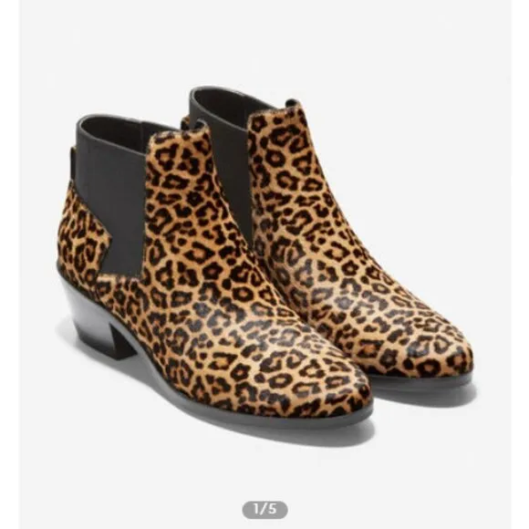 Cole Hann Gia Animal Print Western Calf Hair Chunky Heel Ankle Boots Size 8