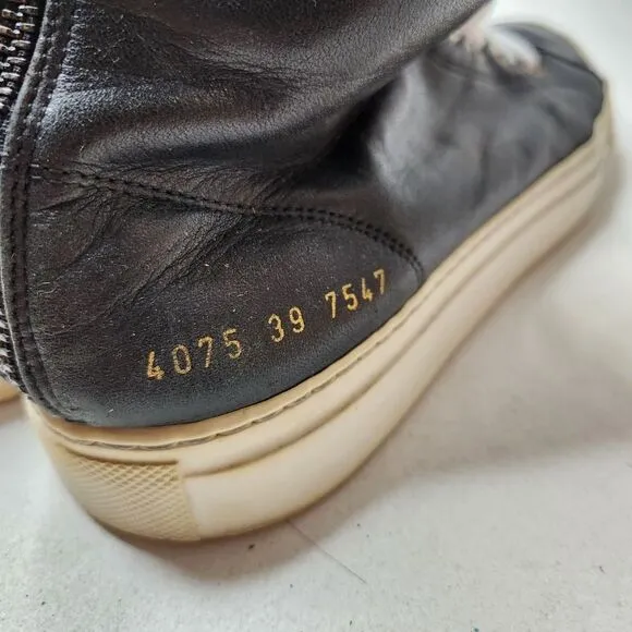 Common Projects Tournament High Black Leather Hi-Top Sneakers Size 39 40