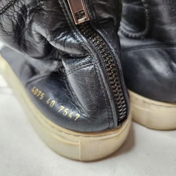 Common Projects Tournament High Black Leather Hi-Top Sneakers Size 39 40