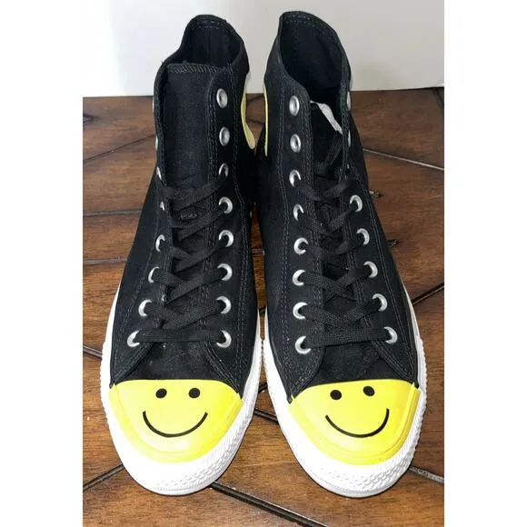 Converse All Star High Top Canvas Happy Face Shoes Black Yellow Men’s 11